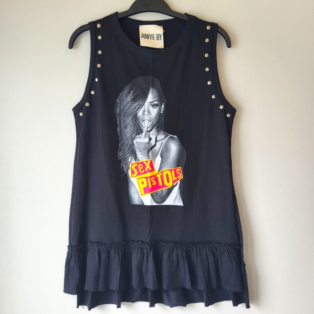 ANIYE BY Black Graphic Sex Pistol Long Frilled Tank Top